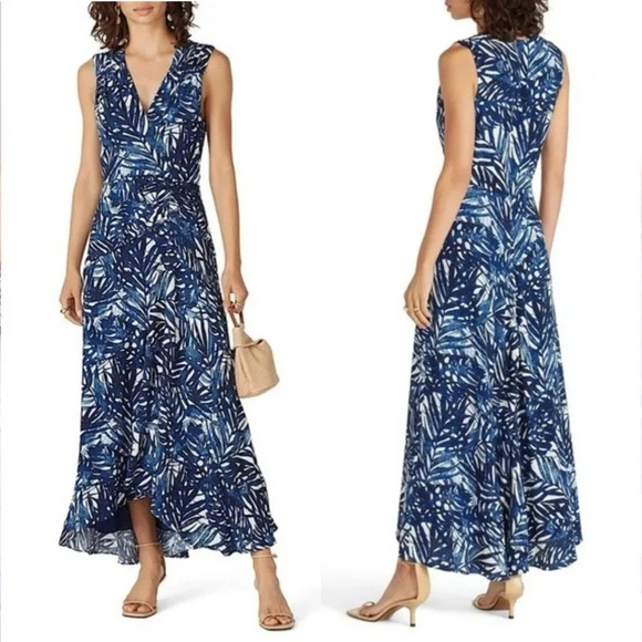 Jonathan Simkhai Priscilla Palm Print Sleeveless V-Neck Midi Dress Blue Women 2 - Picture 1 of 12